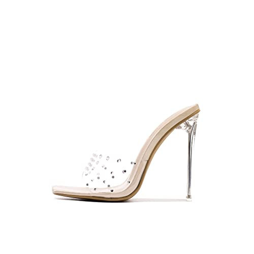 Cape Robbin Brisa Stiletto High Heels for Women - Rhinestone Clear Heels for Women - Slip On Womens Sandals with Transparent Stiletto Heels - Women's Dress Shoes with Sexy Open Toe - Nude Size 6 | Amazon (US)