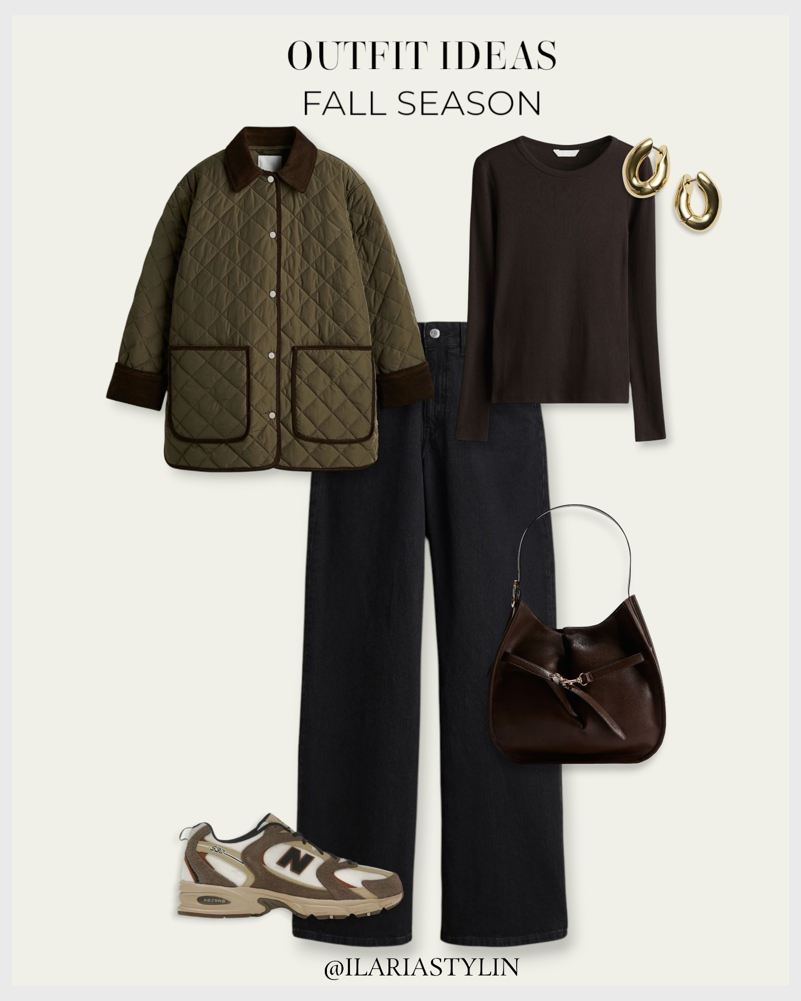 OUTFIT IDEAS: FALL SEASON 🍂 fall fashion, fall outfit, olive green jacket, quilted jacket, dark brown top, ribbed top, long sleeved top, black jeans, wide leg jeans, high rise jeans, new balance 530, brown sneakers, brown shoes, dark brown bag, shoulder bag, women fashion

#LTKSeasonal #LTKStyleTip #LTKWorkwear