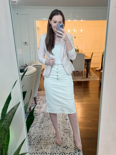 Modest business casual work outfit white denim pencil midi skirt
Wearing a 4 in the skirt
XS top
Xs blush pink blazer 

#LTKworkwear #LTKunder50 #LTKSeasonal