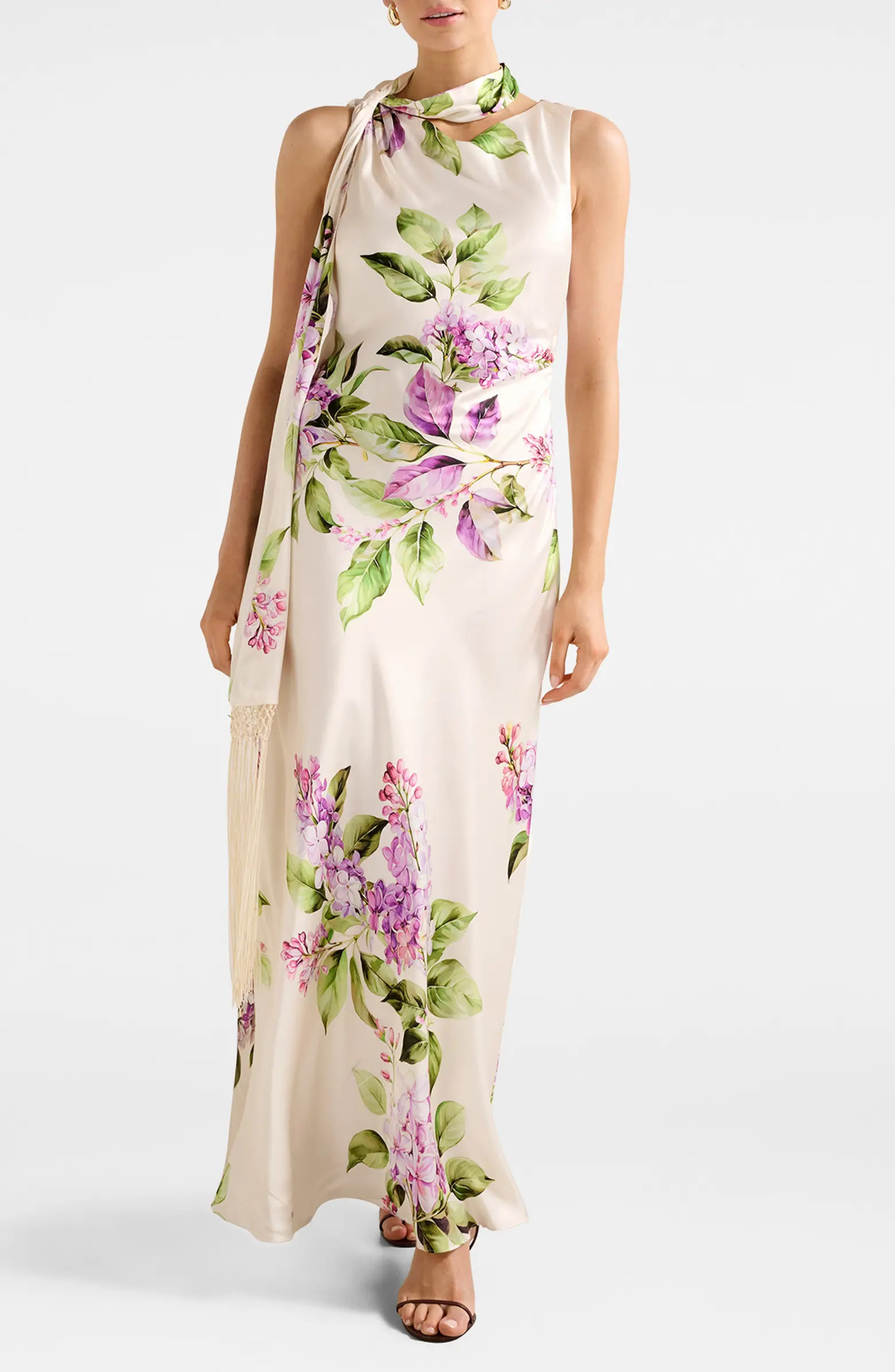 Ariane Floral Tassel Scarf Satin Maxi Dress | Nordstrom