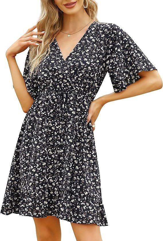 MISSKY Womens Summer Dress Short Sleeve Ruffle Floral Print V Neck Flowy Mini Dress | Amazon (US)