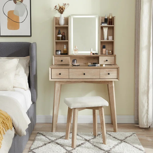 Avellino 32" W Farmhouse Makeup Vanity Desk with Mirror and 3 Light Modes | Wayfair North America