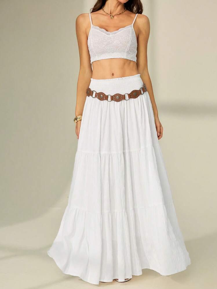 SHEIN Tall Women's Solid Color Shirred Waist Ruffled Hem Skirt | SHEIN
