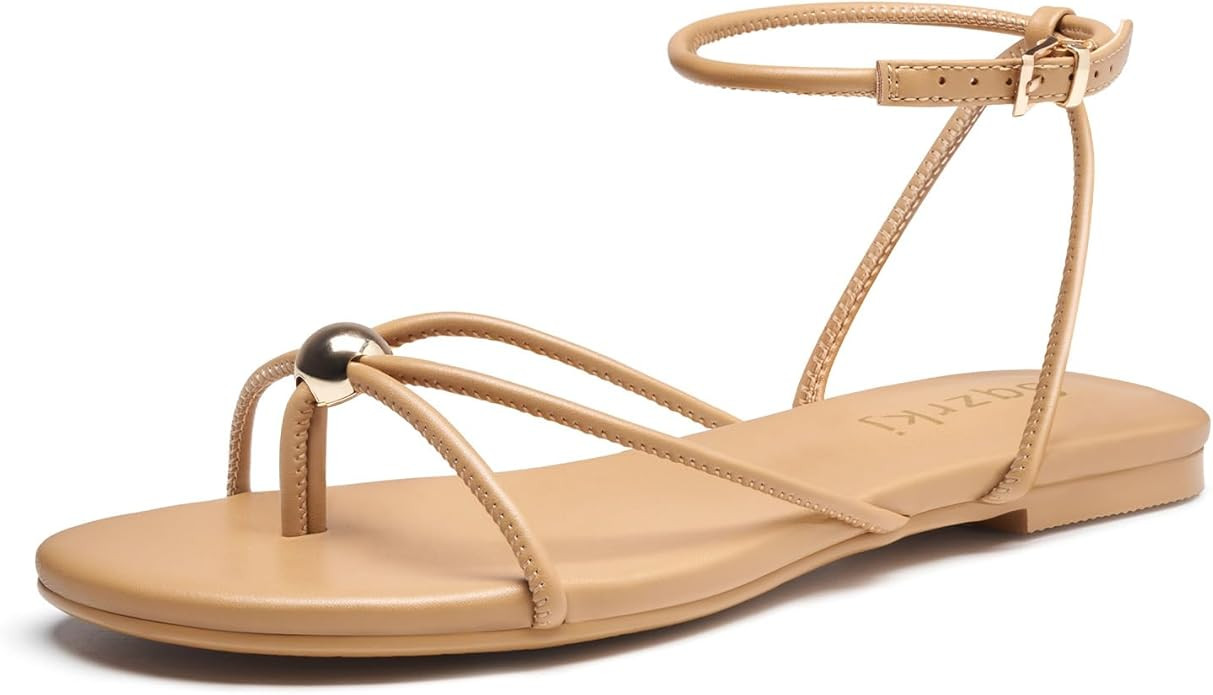 Strappy Flat Sandals for Women Comfortable Open Toe Ankle Strap Thong Sandals Summer Beach Dressy... | Amazon (US)