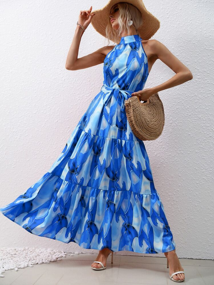 SHEIN VCAY Allover Print Layered Hem Belted Halter Dress | SHEIN