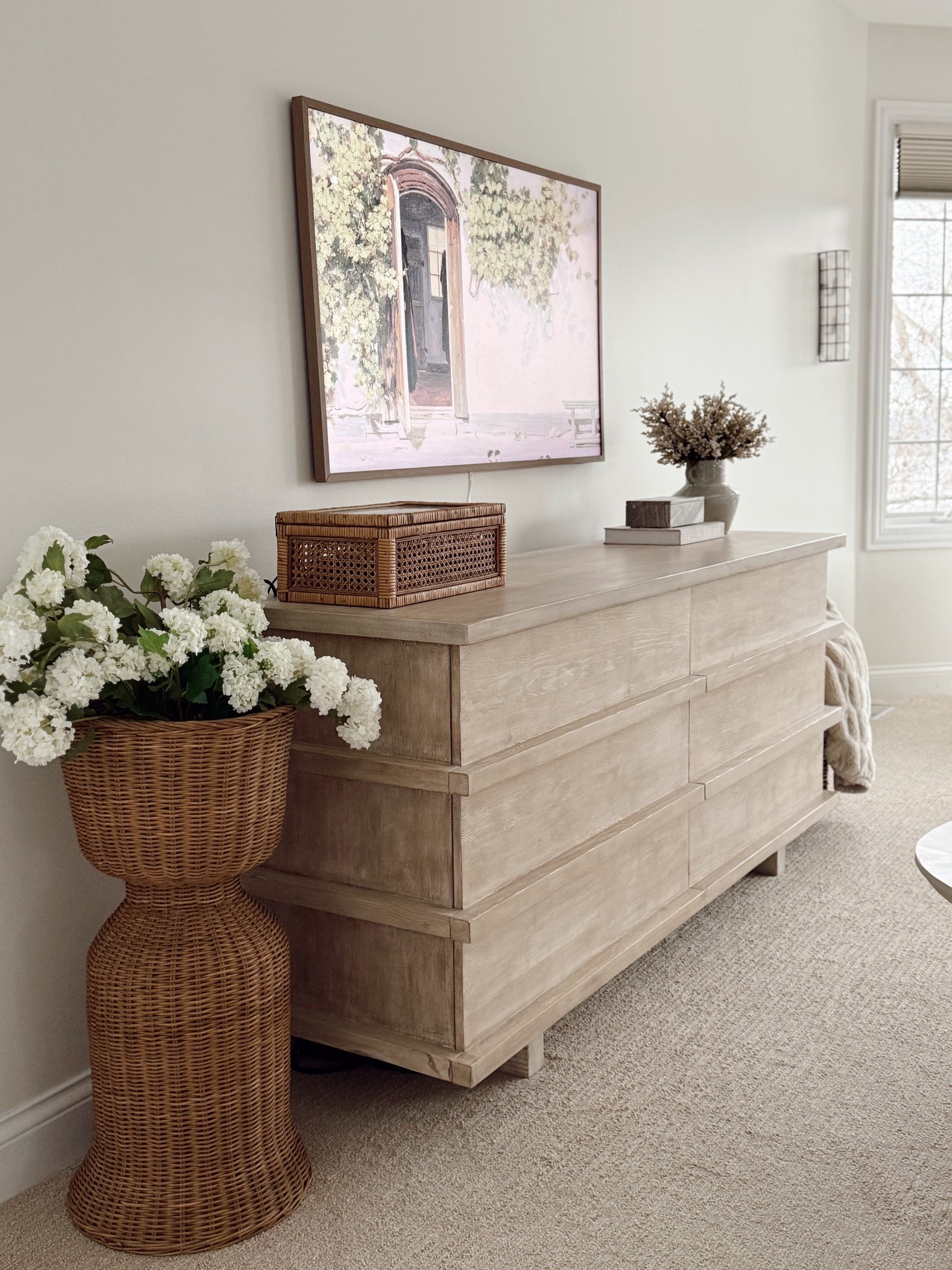 Primary Bedroom dresser views 🫶🏼😊 do you have a TV in your bedroom? I love that this one is so slim and appears almost like a framed art work! It’s one of my favorite home purchases ever. We have the same frame TV above our fireplace in our living room too, except larger size there.

#LTKdayinmylife #LTKHome #LTKSeasonal