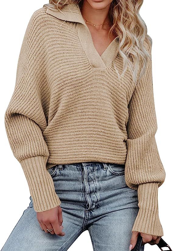 Chigant Women's Batwing Long Sleeve V Neck Pullover Sweaters Foldover Collared Casual Knit Jumper... | Amazon (US)