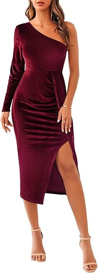 Wenrine Women's One Shoulder Long Sleeve Party Dresses Slit Ruched Faux Wrap Bodycon Midi Velvet ... | Amazon (US)