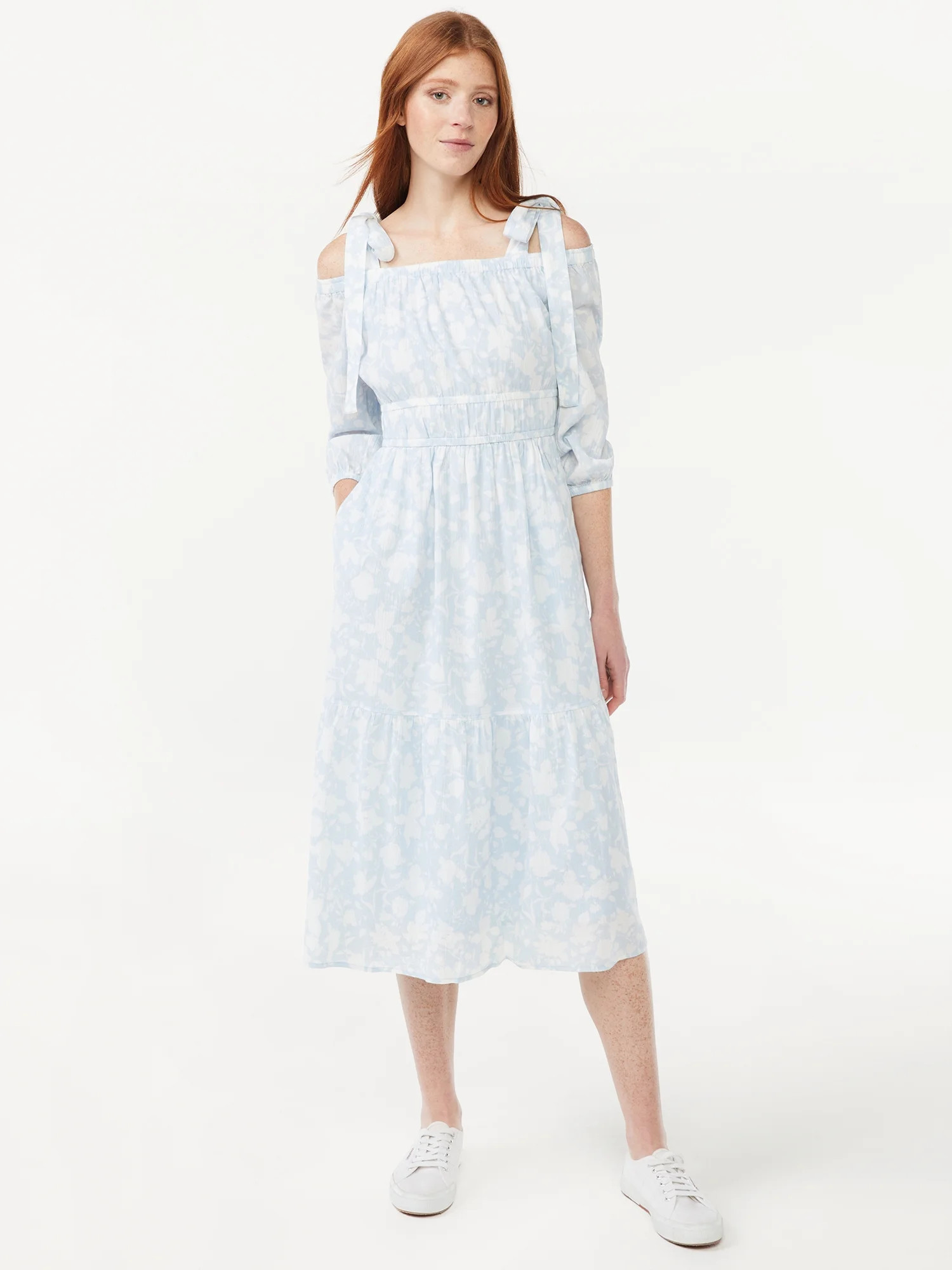 Free Assembly Women's Off the Shoulder Midi Dress with Tie Straps | Walmart (US)