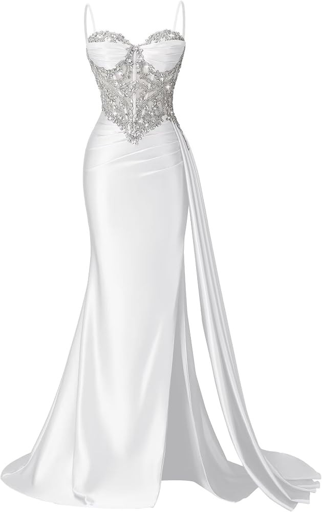 Rjer Women's Beaded Satin Mermaid Prom Dress Long with Slit Ruched Crystal Corset Formal Evening ... | Amazon (US)