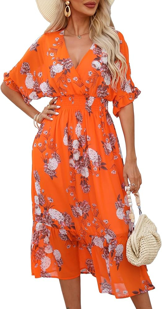 Women's Spring Summer 2024 Floral Midi Dress A Line Chiffon Boho Dress Casual Short Sleeve Long B... | Amazon (US)