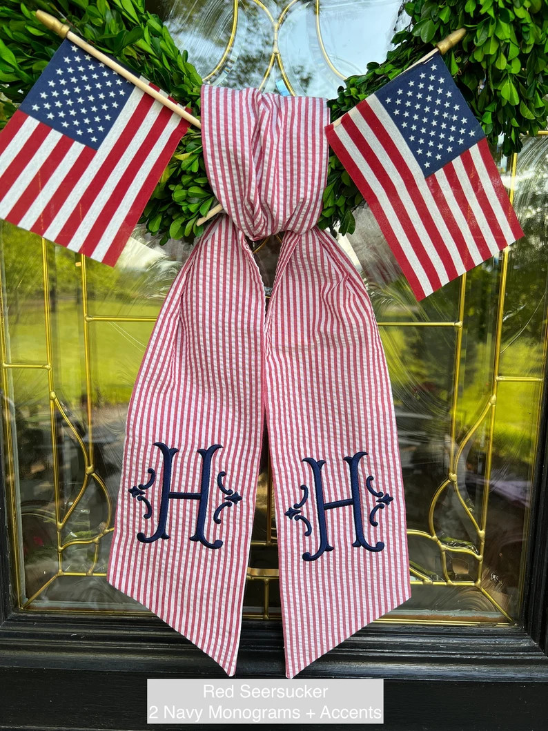 Patriotic July 4th Seersucker Wreath Sash With Monogram, July 4th Gift, Patriotic Wreath Sash, Fa... | Etsy (US)