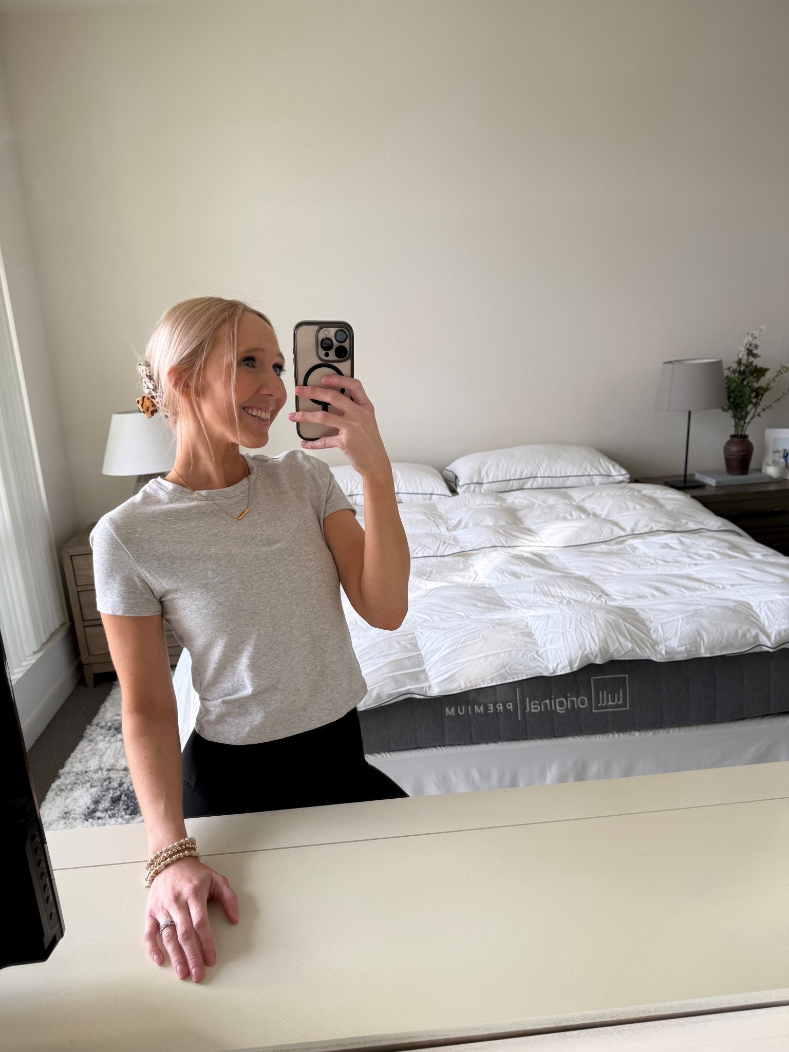 Grwm this morning working from home as a content creator 💕

Grey short sleeve tee - XS from Abercrombie. One of my favorite wardrobe basics!

Black leggings – XS from Target! ￼

Linking some of our bedroom decor below too!

Lounge outfit, comfy outfit, grwm outfit, cozy outfit idea, grey t shirt , Abercrombie outfit

#LTKdayinmylife #LTKgrwm #LTKootd