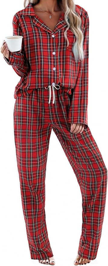 Ekouaer Womens Pajama Sets 2 Piece Cotton Plaid Pjs Long Sleeve Sleepwear Button Down Lounge Set ... | Amazon (US)