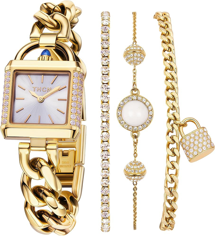 THCN Women's Gold Watch & Bracelets Set, Ladies Dainty Watches Jewelry for Women with Crystal Bez... | Amazon (US)