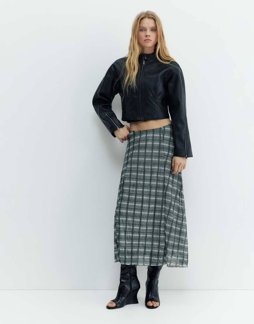 Pull&Bear Check midi skirt in grey | ASOS (Global)