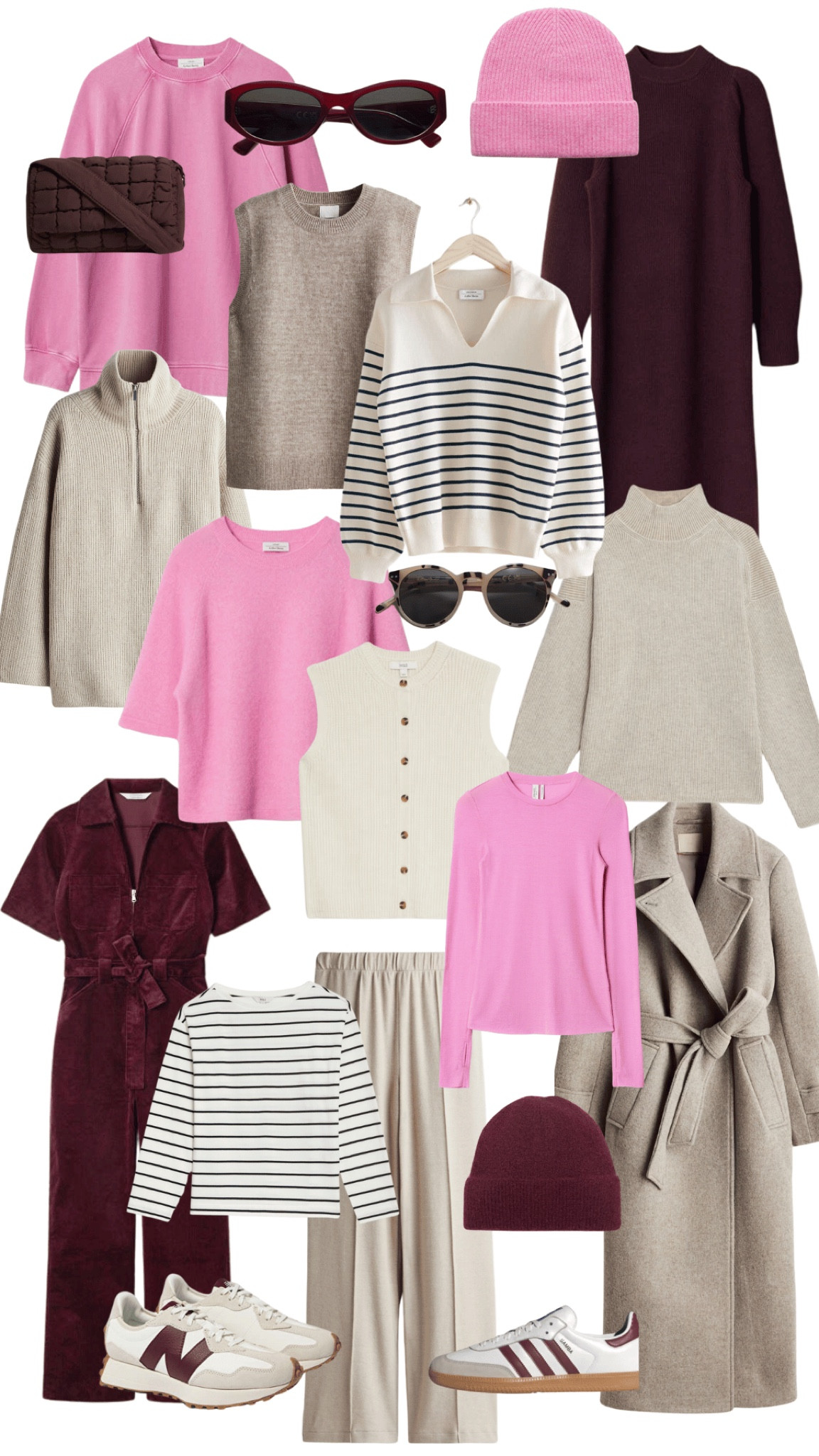 Shop this seasons hottest colour burgundy . Paired back with candy pink and neutrals, this colour palette really makes a statement . This moodboard features key pieces like the knitted waistcoat, wrap wool coat, cord boiler-suit and half zip knitwear/sweater. Perfect for creating everyday casual looks. 

#LTKuk #LTKstyletip #LTKautumn