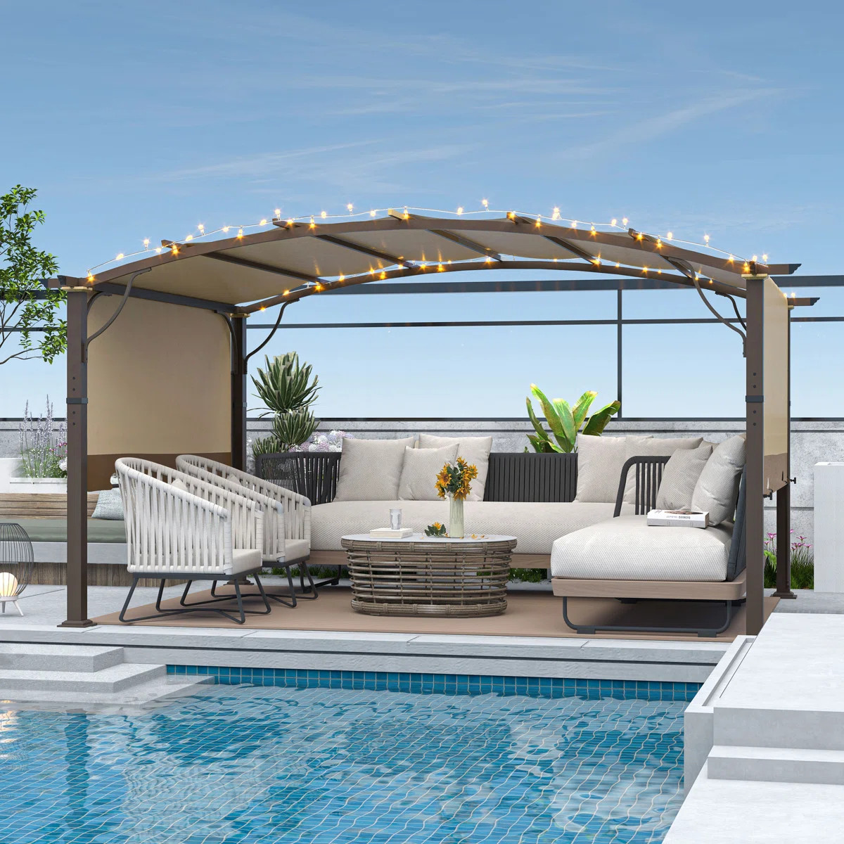 Aluminum Outdoor Pergola with Slightly Arched Canopy and Retractable Shade | Wayfair North America