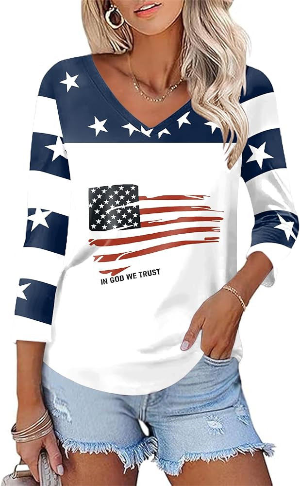 KTILG Women's V Neck T Shirts 3/4 Sleeve Blouse Summer Tops Dressy Casual Solid Basic Tees | Amazon (US)