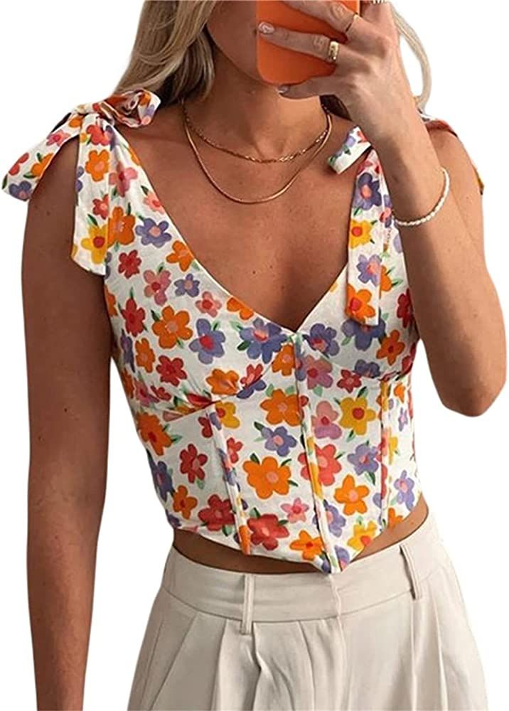 Women Vintage Print Crop Tank Top Sexy Graphic Round Neck Sleeveless Vest Casual Summer E-Girl 90s S | Amazon (US)