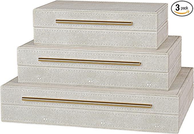 Elegant Set of 3 Ivory Shagreen Decorative Boxes with Velvet Lining and Golden Handles - Versatil... | Amazon (US)