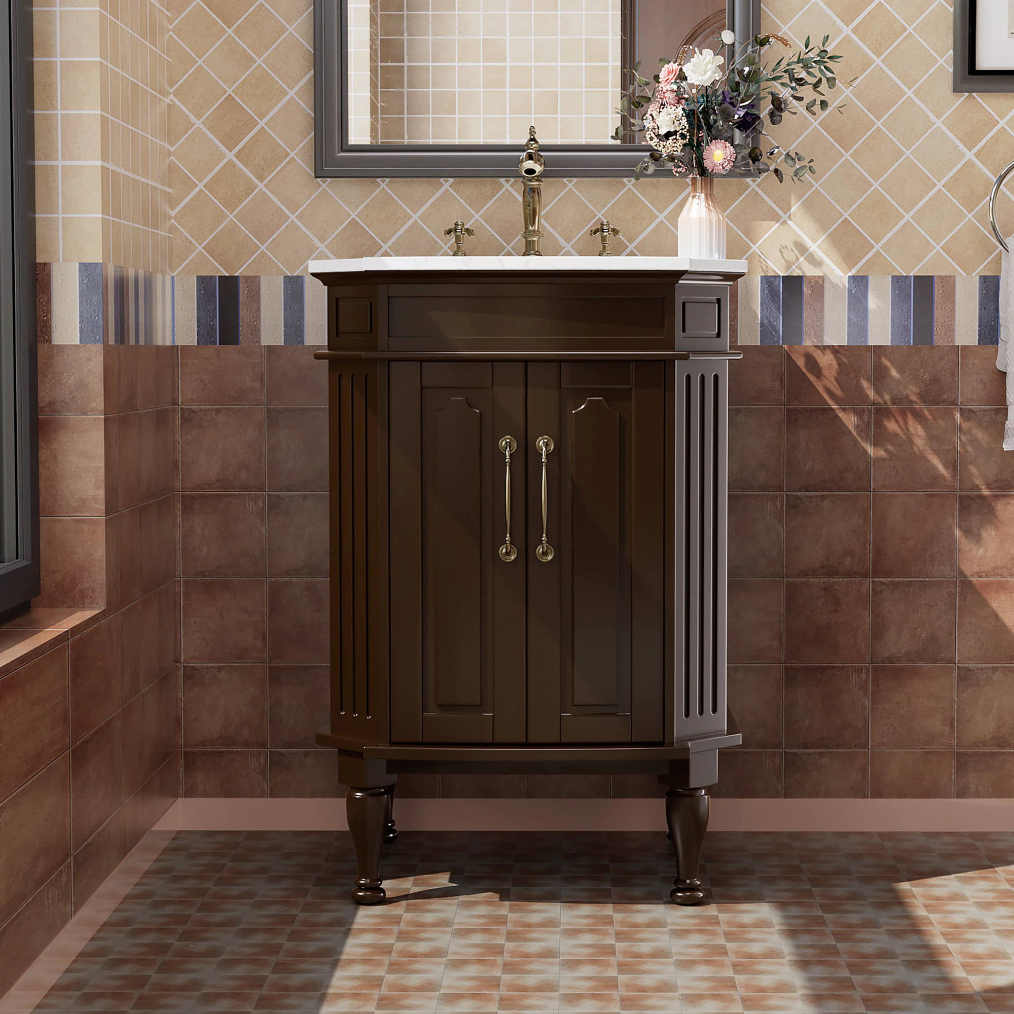 JEAREY Bathroom vanties with top 24-in Brown Single Sink Bathroom Vanity with White Ceramic Top | GQSF-S-BE | Lowe's