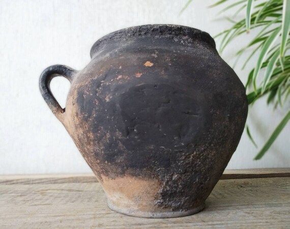 old  clay pot. Wabi sabi Rare black pottery vase with handle.  Farm house Rustic Decor of 18th ce... | Etsy (US)