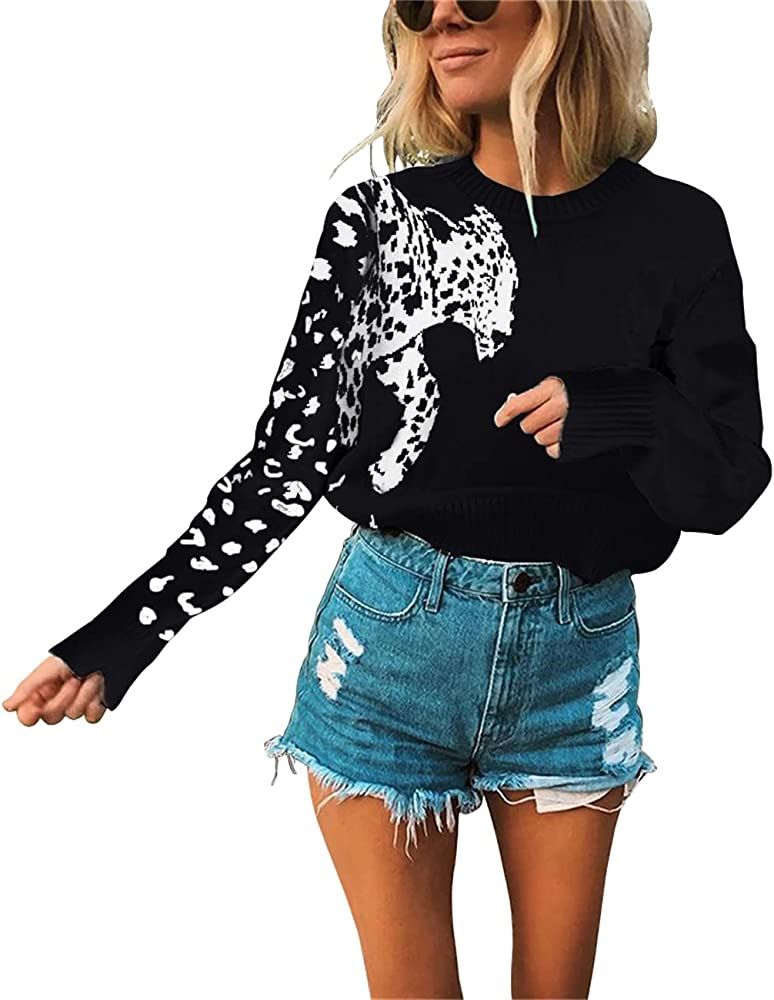 Women's Winter Spring Sweaters Casual Cute Leopard Print Long Sleeves Knit Cropped Sweater Pullov... | Amazon (US)