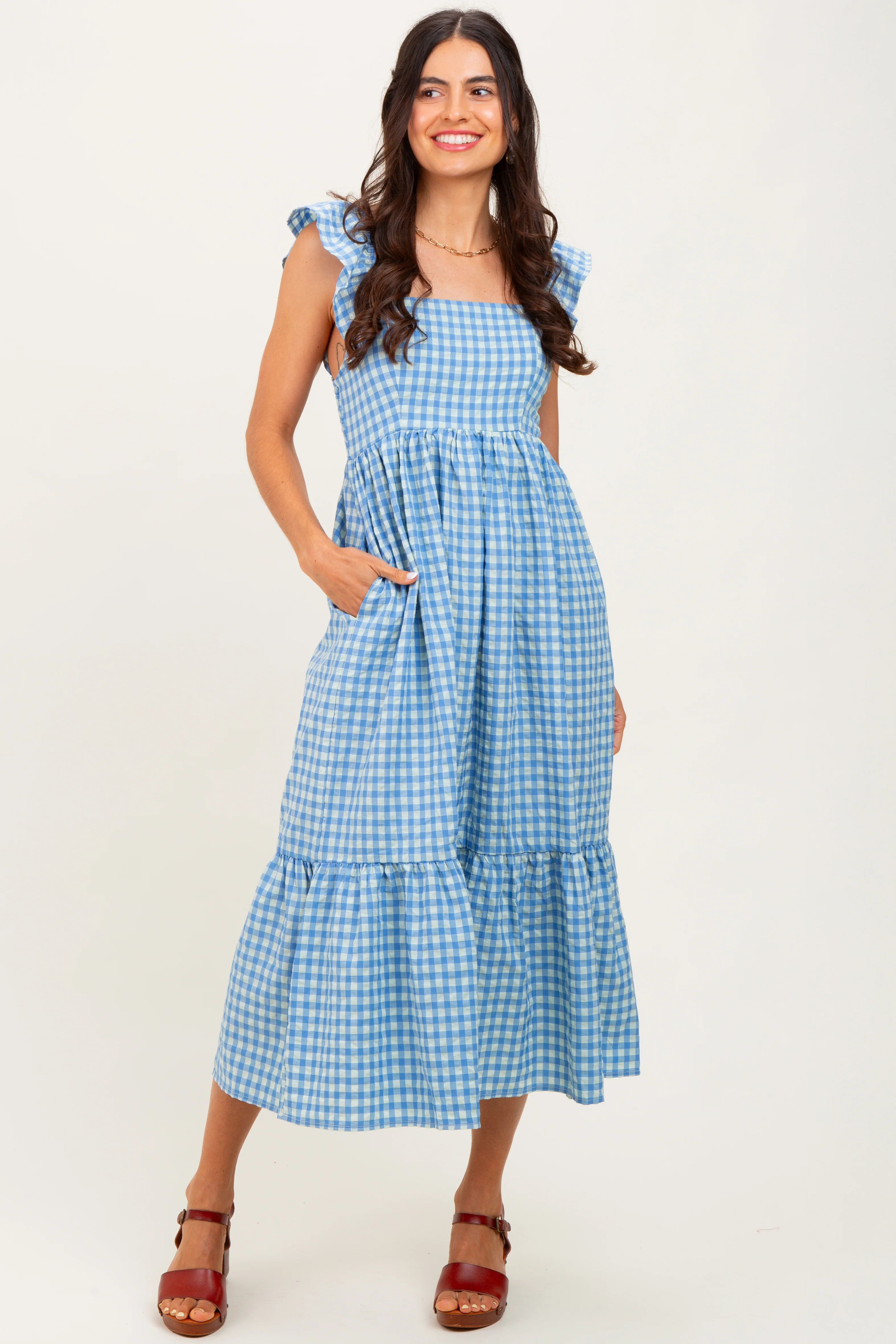 Blue Gingham Ruffle Strap Midi Dress | PinkBlush Maternity