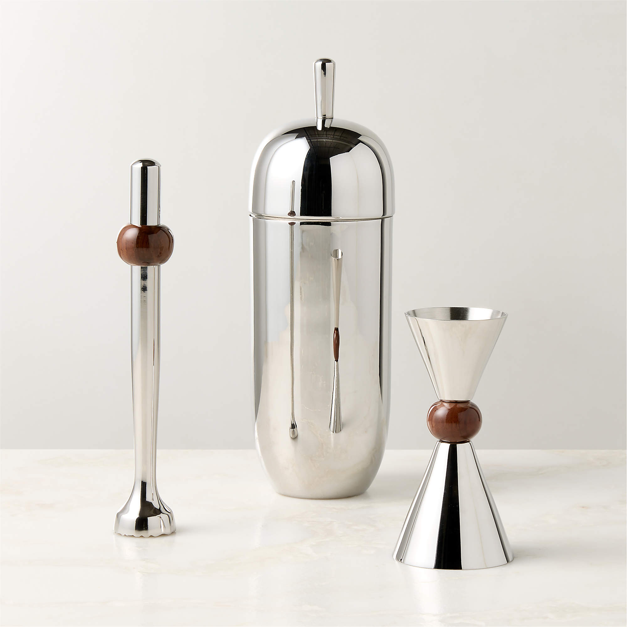 Kalman Polished Stainless Steel and Walnut Wood Bar Tools Set of 3 | CB2 | CB2