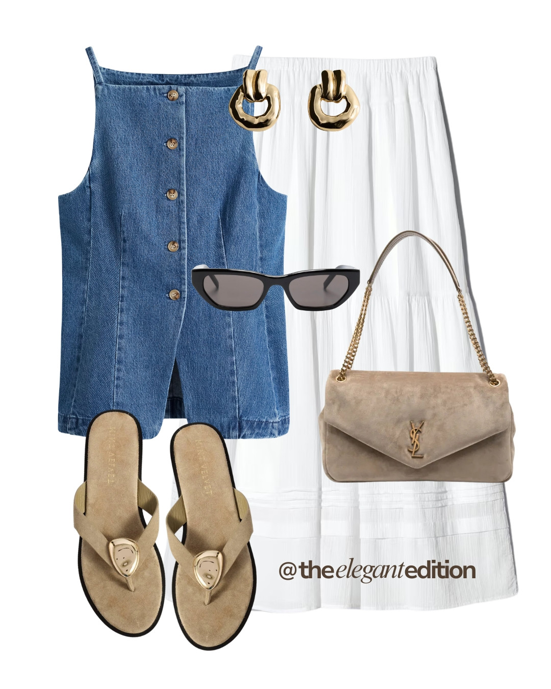 DENIM & WHITE LOOK - The perfect blue and white summer pairing. A denim button-front top with a flowy white midi skirt, suede sandals and a YSL bag for that elevated casual feel 
#denim #midiskirt #sandals #LTKspring #LTKsummer #LTKstyletip 

 #LTKeurope #LTKsummer #LTKstyletip