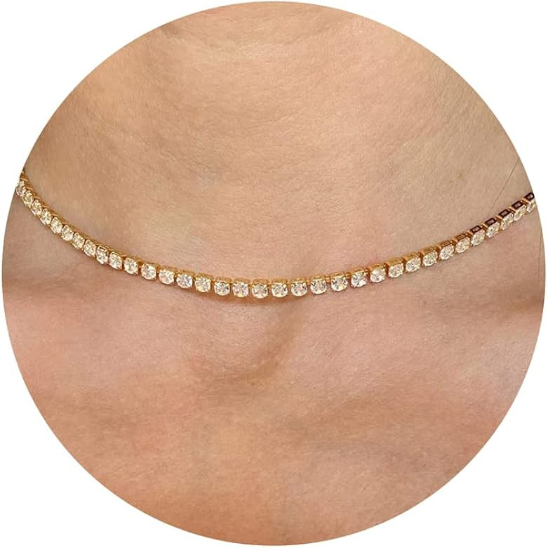 Tewiky Tennis Necklace 14K Gold Plated/Silver Sparking Rhinestone Choker Necklaces Dainty Crystal... | Amazon (US)