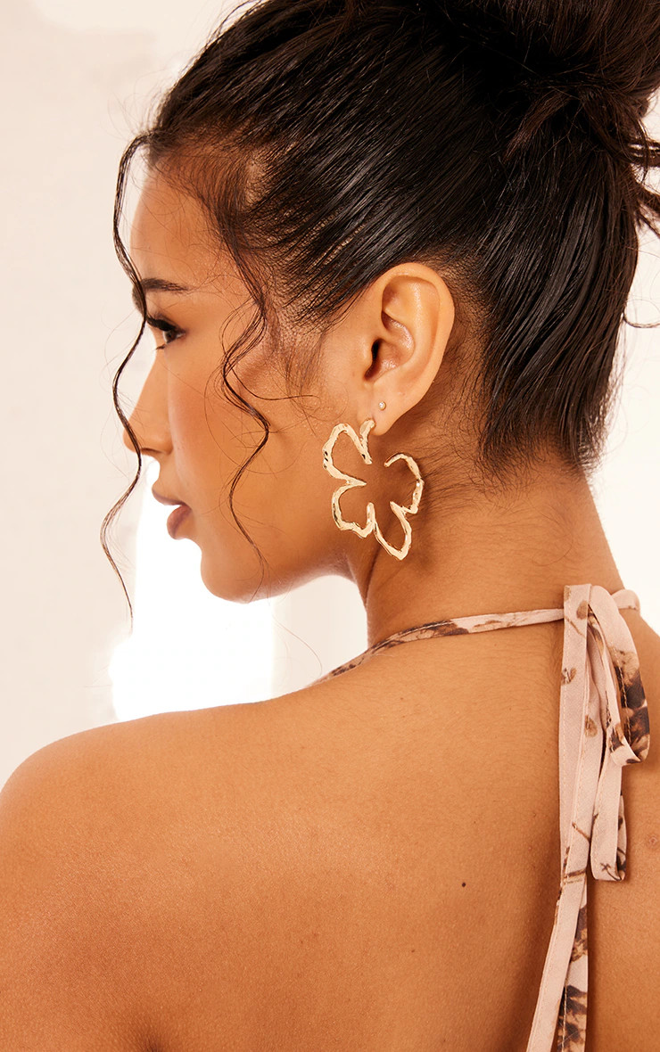 Gold Floral Abstract Hoop Earrings | PrettyLittleThing US