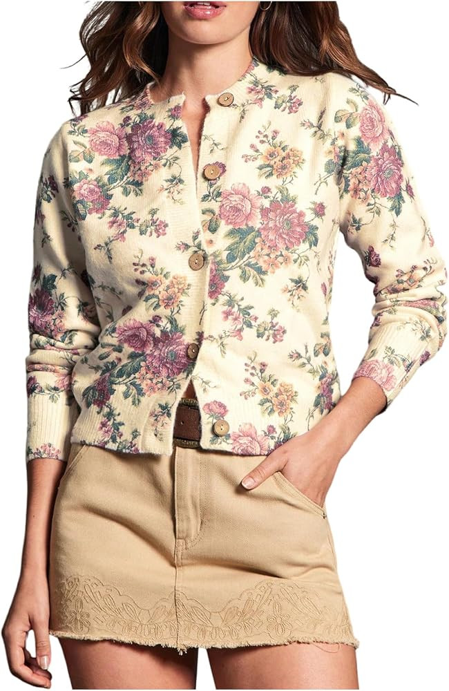WDIRARA Women's Floral Button Down Cardigan Sweaters Vintage Long Sleeve Knit Outerwear | Amazon (US)