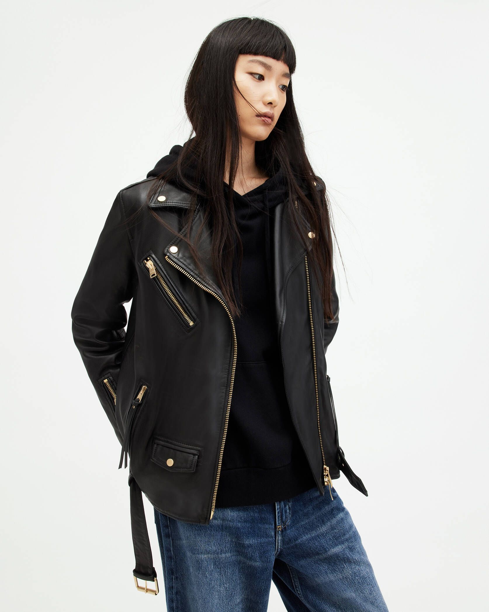 Biller Leather Oversized Biker Jacket BLACK/GOLD | ALLSAINTS | AllSaints UK