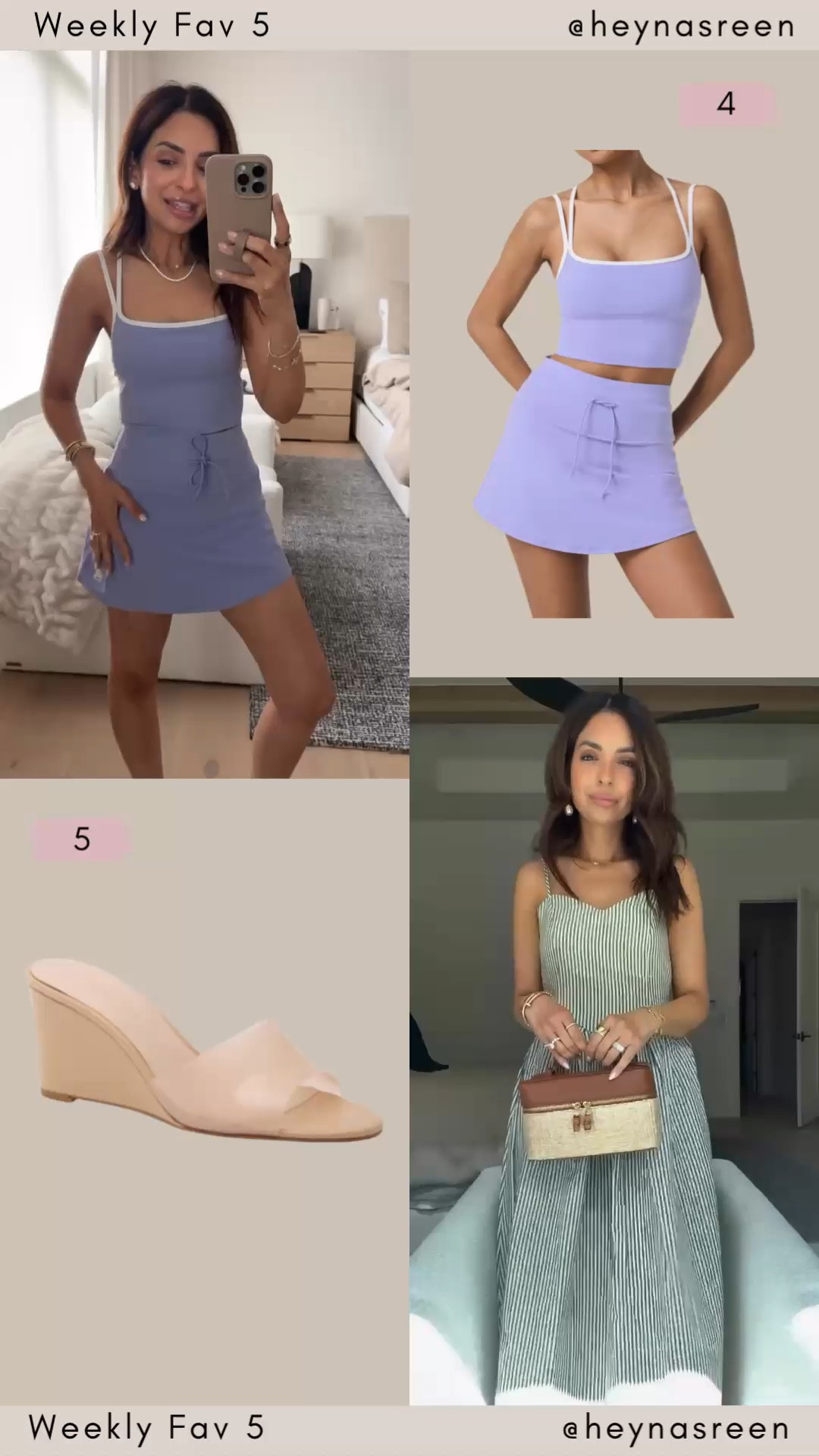 Fav 5: 
#4: Vuori set, love this new color for spring, I’m wearing an XXS small in the skirt & an XS in the top  
#5: Tuckernuck wedges, so flattering & comfortable, wearing my true size