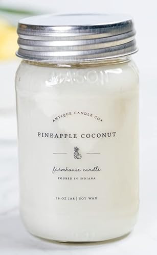 Antique Candle Co.® Pineapple Coconut 16 Ounce Soy Wax Candle, 80 Hour Burn Time, Cotton Wick, Gift for Mom, Mason Jar Candle (Pineapple Coconut) | Amazon (US)