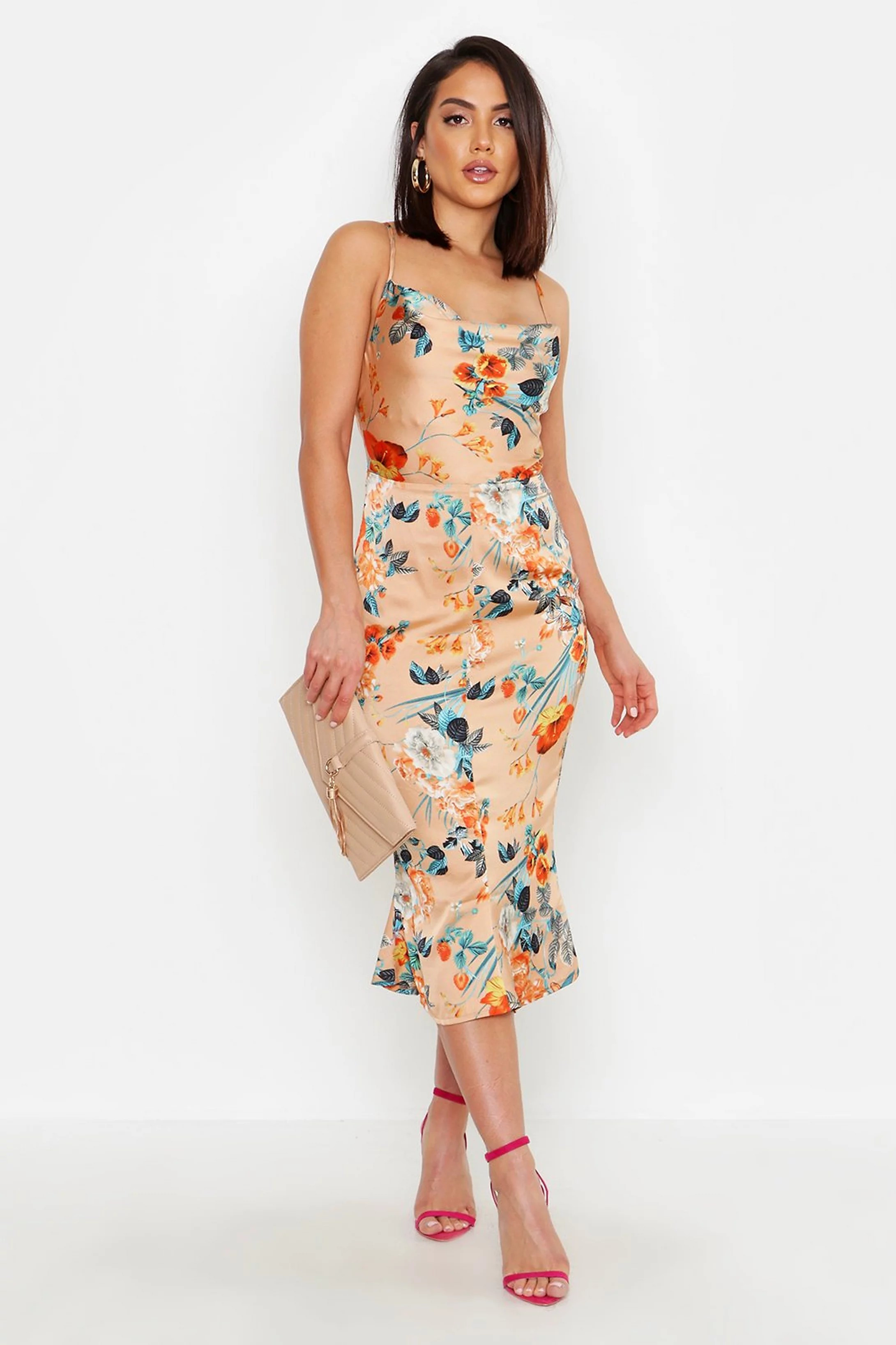 Satin Floral Cowl Flute Hem Slip Dress | Boohoo.com (US & CA)