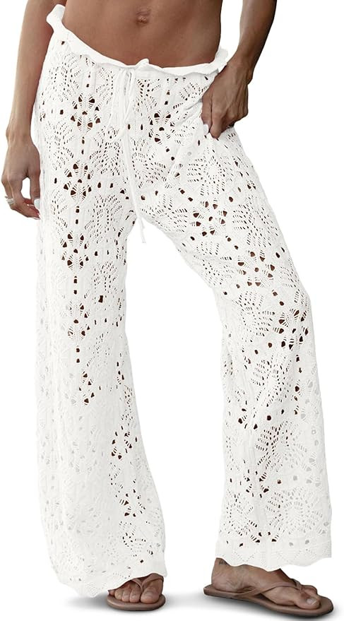 Saodimallsu Womens Crochet Swimsuit Coverup Pants High Waisted Drawstring Sexy Sheer Mesh Knit Wi... | Amazon (US)
