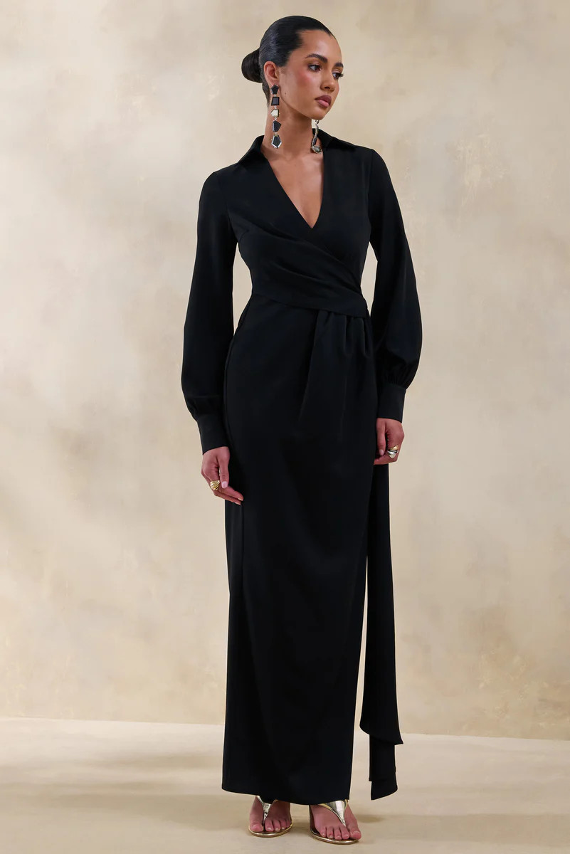 Vita  Black Plunge-Neck Wrap Maxi Dress | Club L London