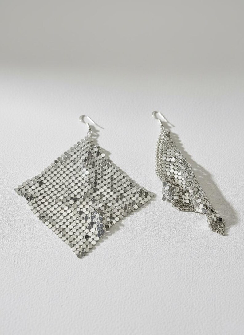 Silver Mesh Diamond Drop Earrings – Long Statement Design - Etsy | Etsy (US)