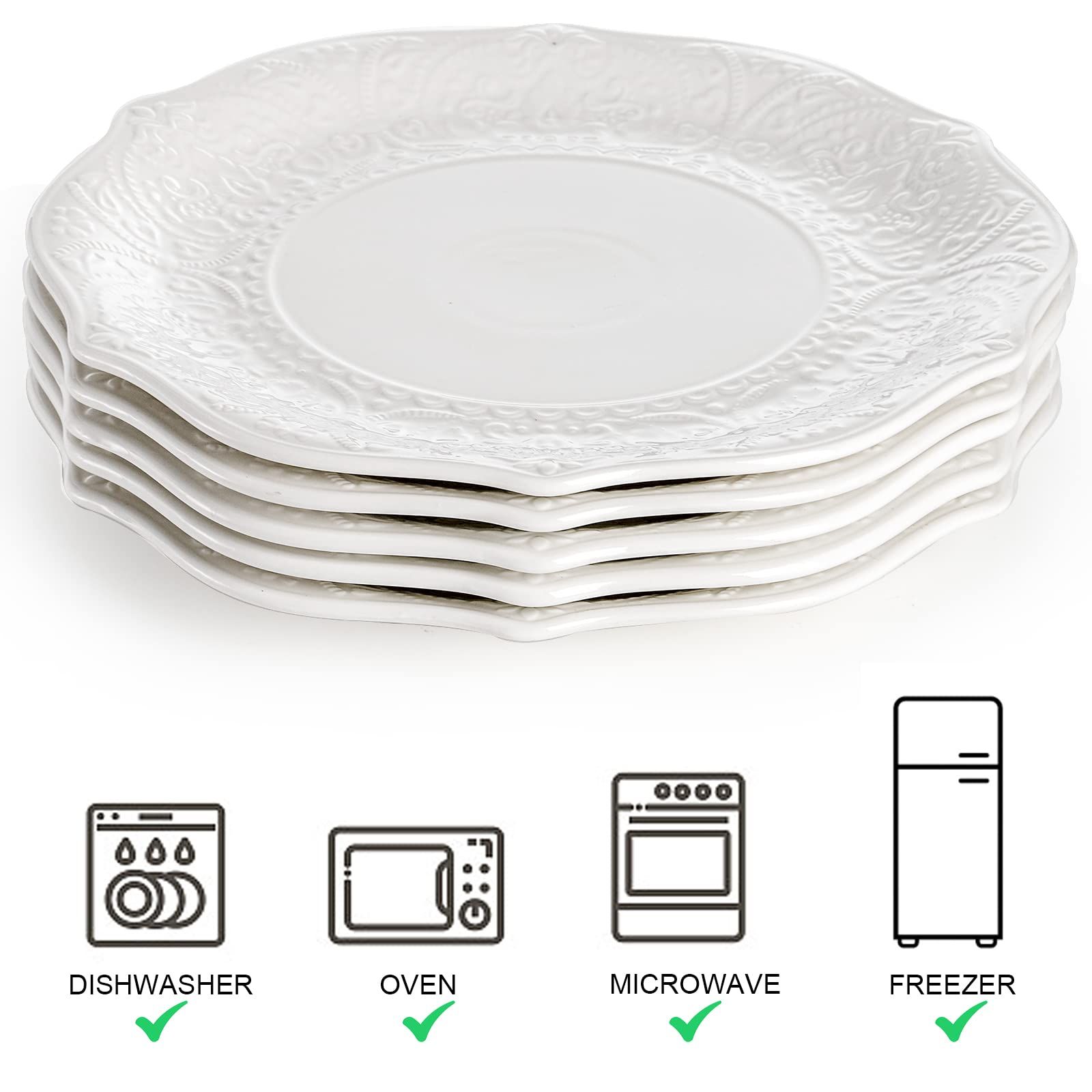 SOUJOY Set of 6 Porcelain Dinner Plate, 10.5'' White Dinner Dish, Embossed Printing Dinnerware Pl... | Amazon (US)