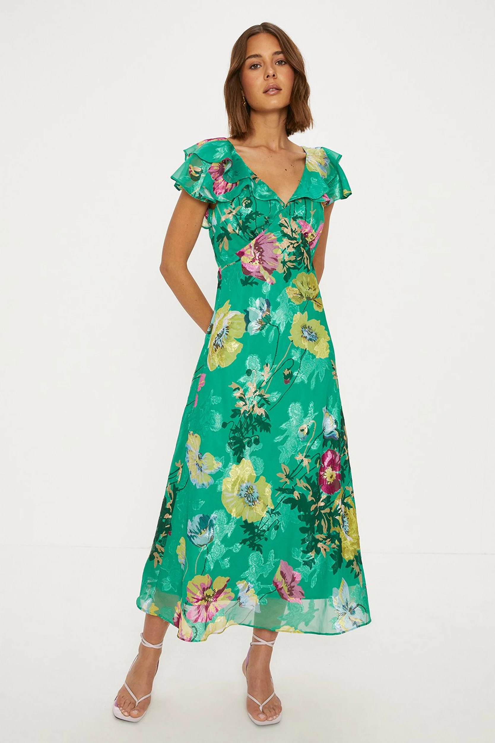 Bright Floral Satin Burnout Ruffle Midi Dress | Oasis UK & IE