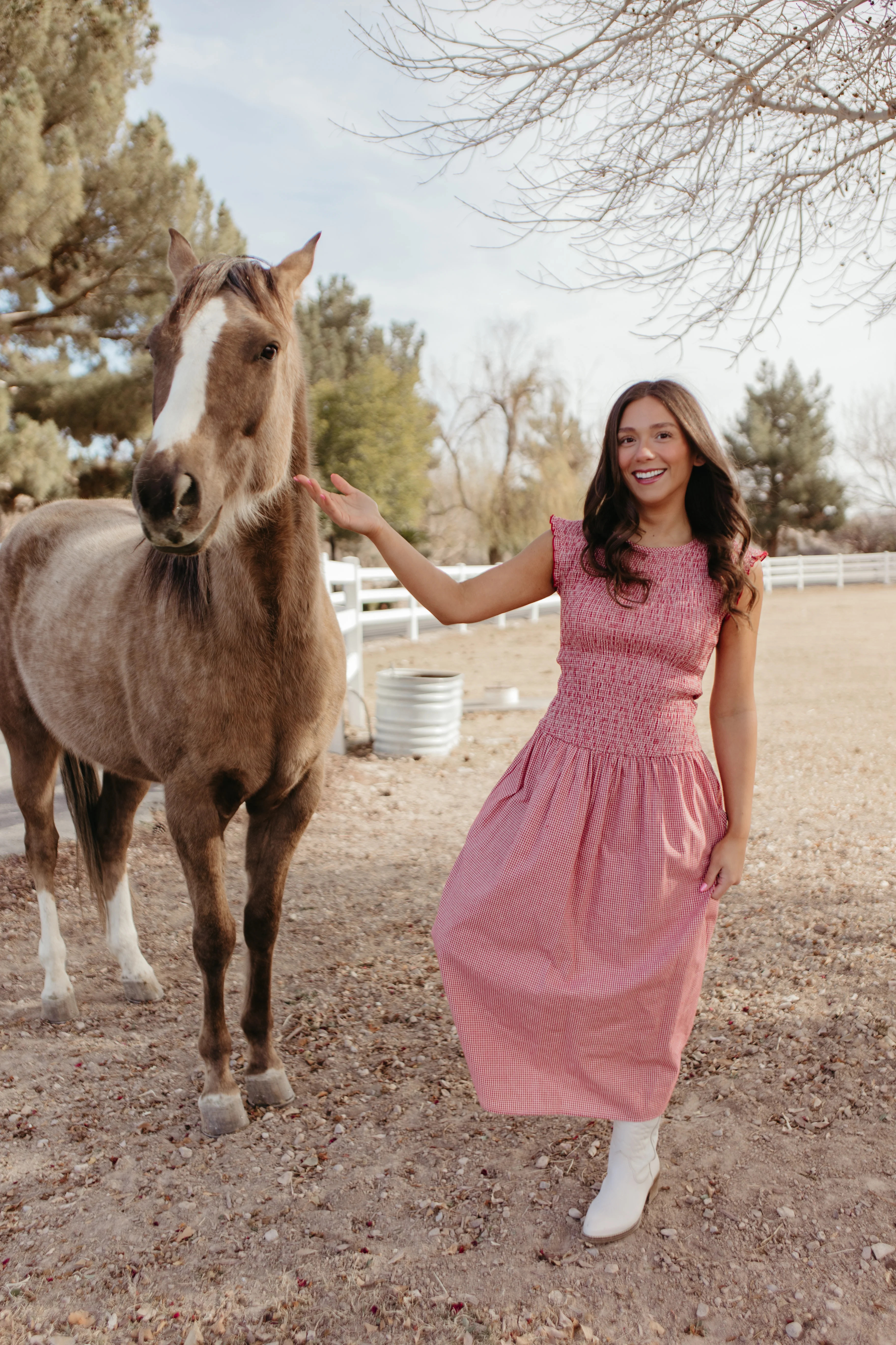 THE BLAIRE SMOCKED GINGHAM MIDI DRESS IN RED | Pink Desert