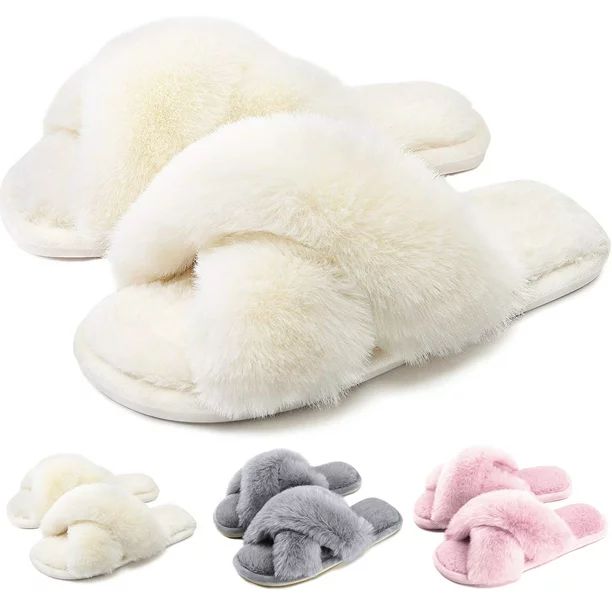 Women's Cross Band Slippers Soft Plush Furry Cozy Open Toe House Shoes Indoor Outdoor Faux Rabbit... | Walmart (US)