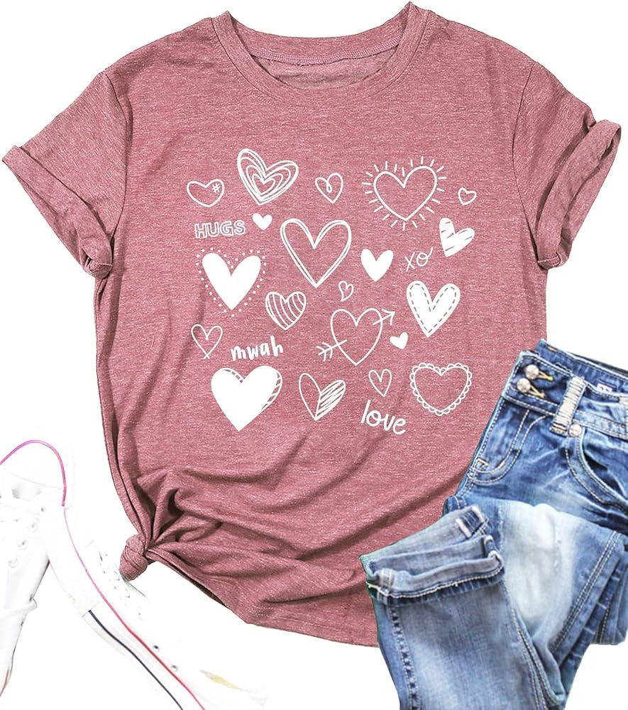 Valentines Day Shirts Women Cute Love Heart Graphic Tshirt Valentine Gifts Tee Casual Hearts Shor... | Amazon (US)