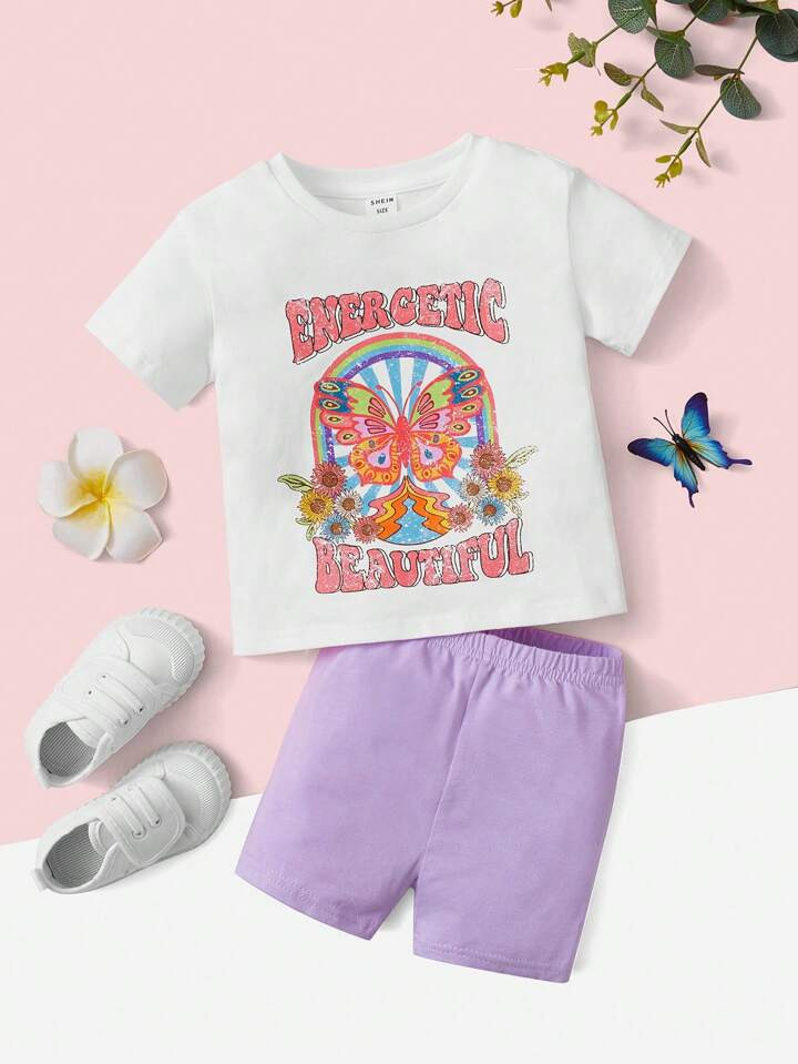 SHEIN Baby Butterfly & Letter Graphic Tee & Shorts | SHEIN