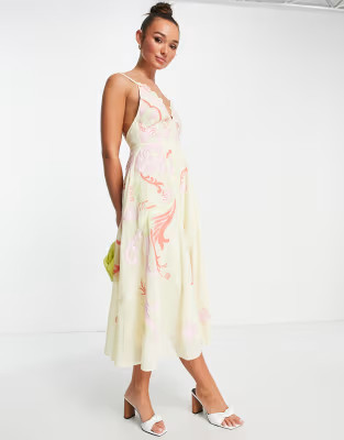 ASOS EDITION embroidered applique cami midi dress in lemon | ASOS (Global)