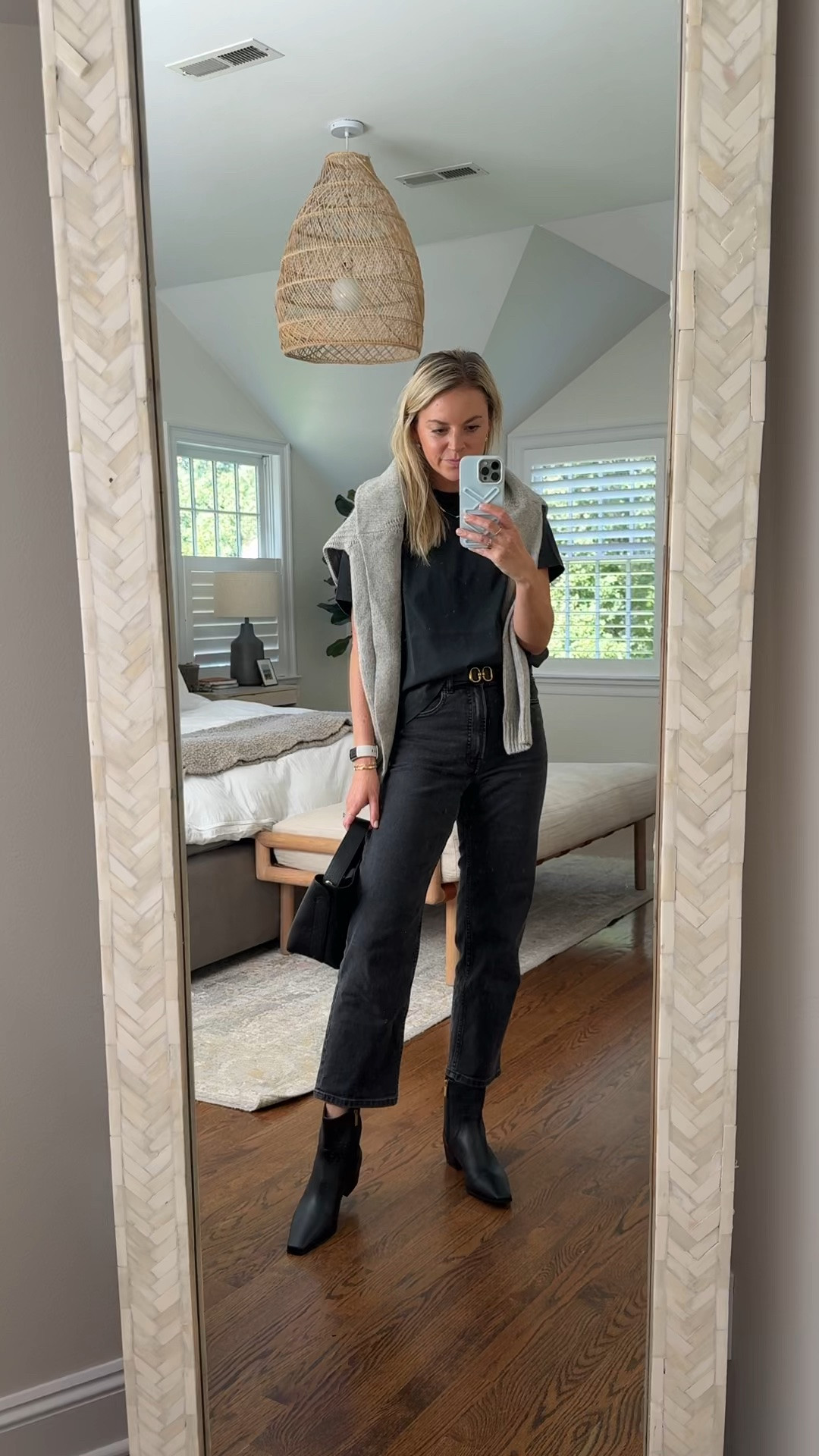 an easy fall look I wear on repeat! Grabbed these booties on sale for 30% off! 
-size down 1/2 in booties 
-small tshirt, tts 
-26 jeans (tts) in 27.5” but wish I did the 29.5”. Im 5’5 and they shrank a tiny bit in the wash 
-medium sweater, sized up 1