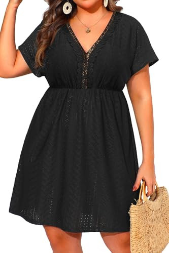 Pinup Fashion Swimsuit Coverup Women Plus Size Black Lace V Neck Embroidery Beach Coverups Dress 18W | Amazon (US)